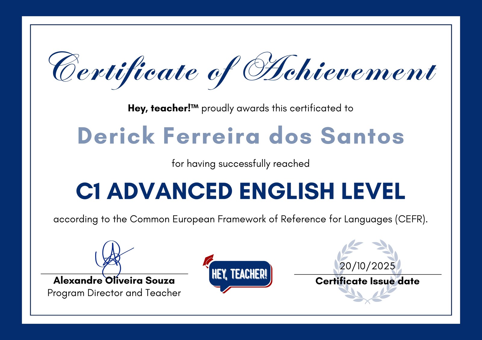 Certificado de proficiência Hey, Teacher!™ · CEFR